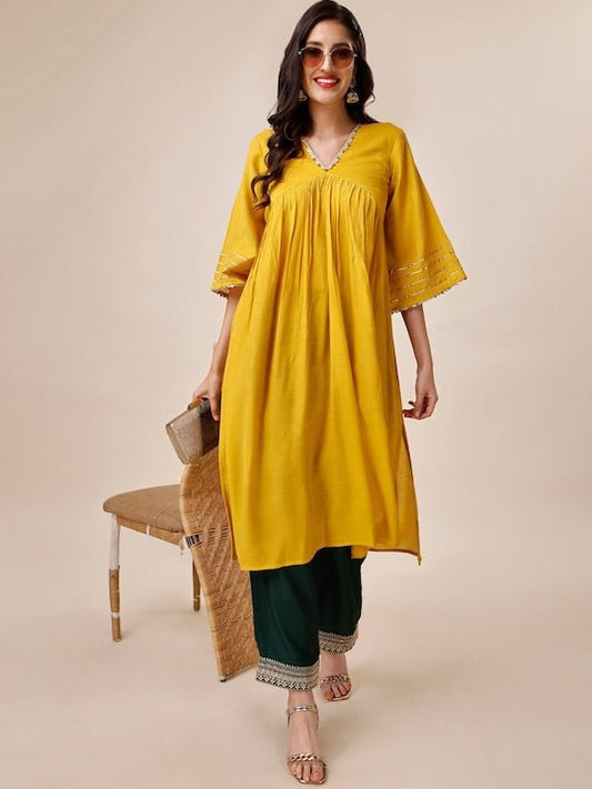 Gotta Patti Detailed V-Neck Flared Sleeves Pure Silk Kurta with Palazzos - Inddus.com