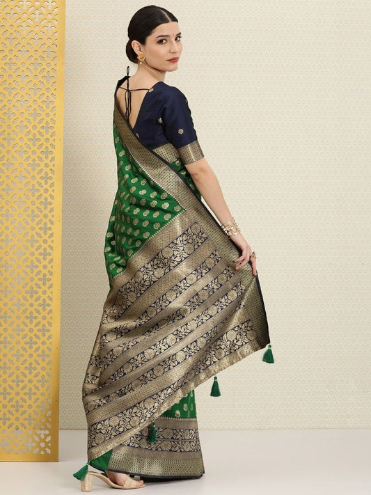 Green and Blue Ethnic Motifs Zari Woven Traditional Saree - Inddus.com