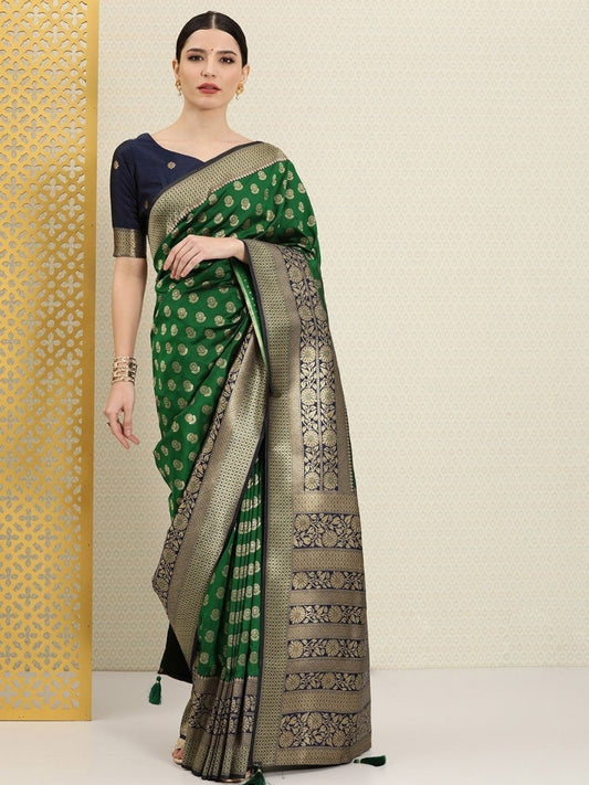 Green and Blue Ethnic Motifs Zari Woven Traditional Saree - Inddus.com