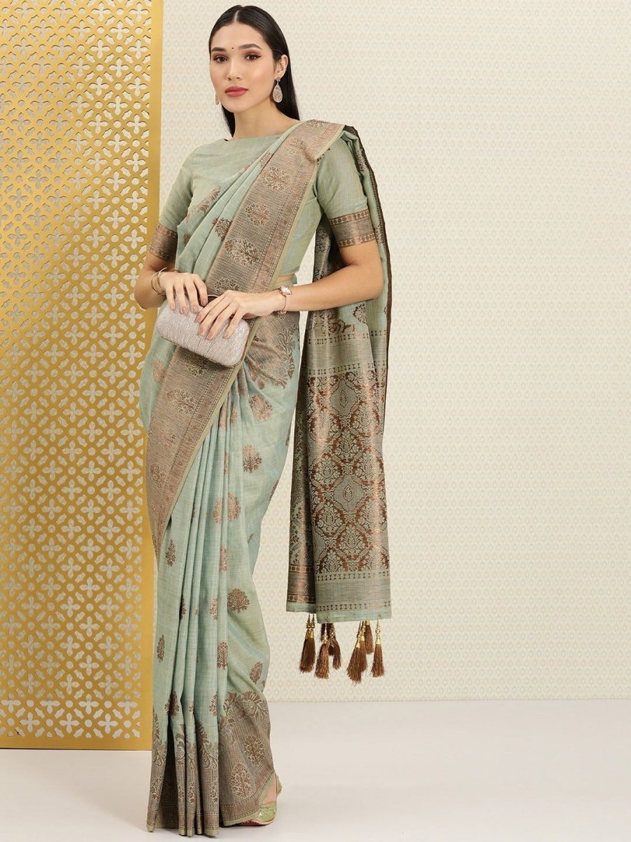 Green and Bronze Ethnic Motifs Embellished Zari Woven Saree - Inddus.com