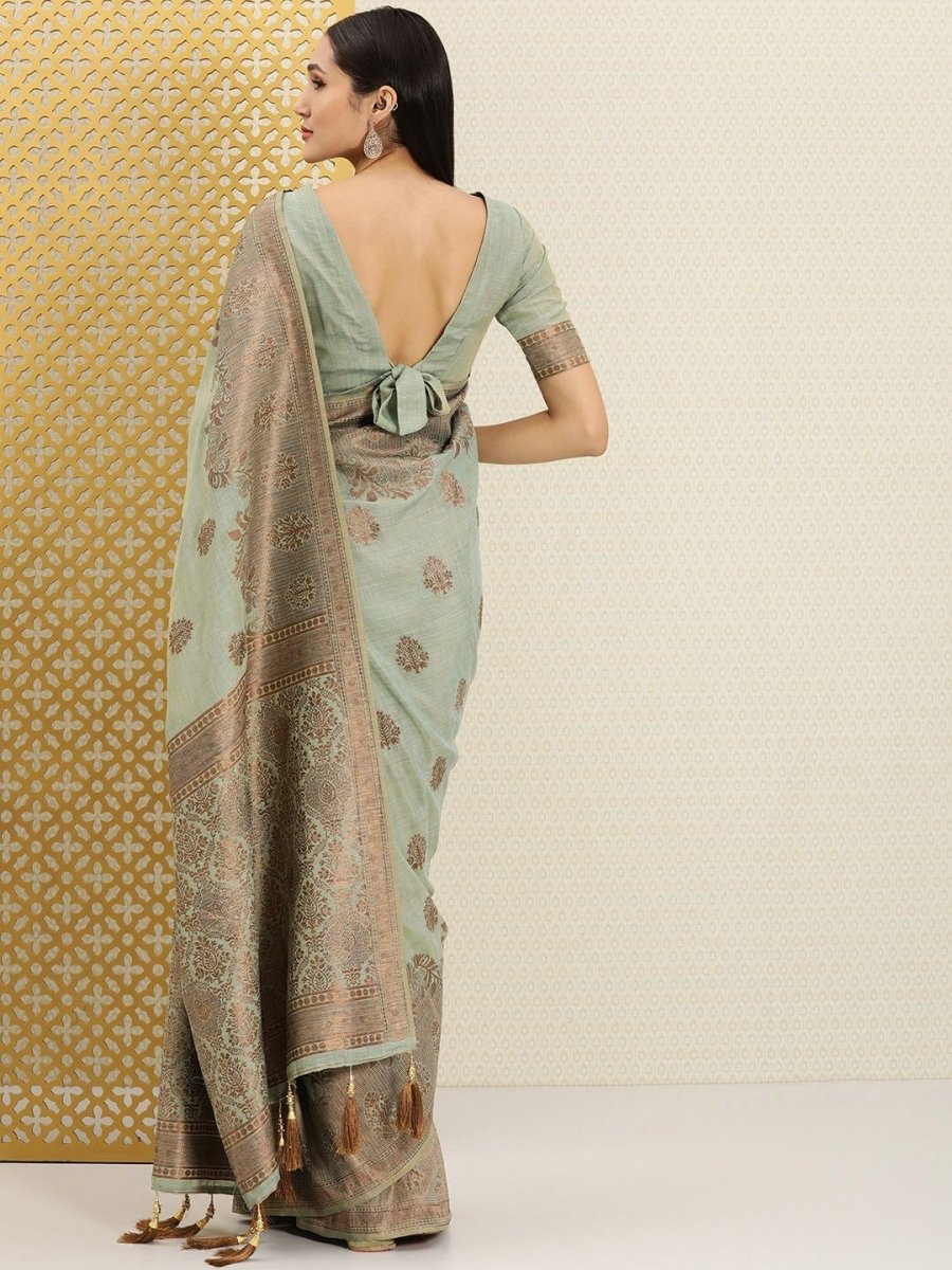 Green and Bronze Ethnic Motifs Embellished Zari Woven Saree - Inddus.com