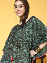 Green and Brown Printed Kaftan Kurta - inddus-us