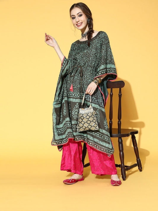 Green and Brown Printed Kaftan Kurta - inddus-us