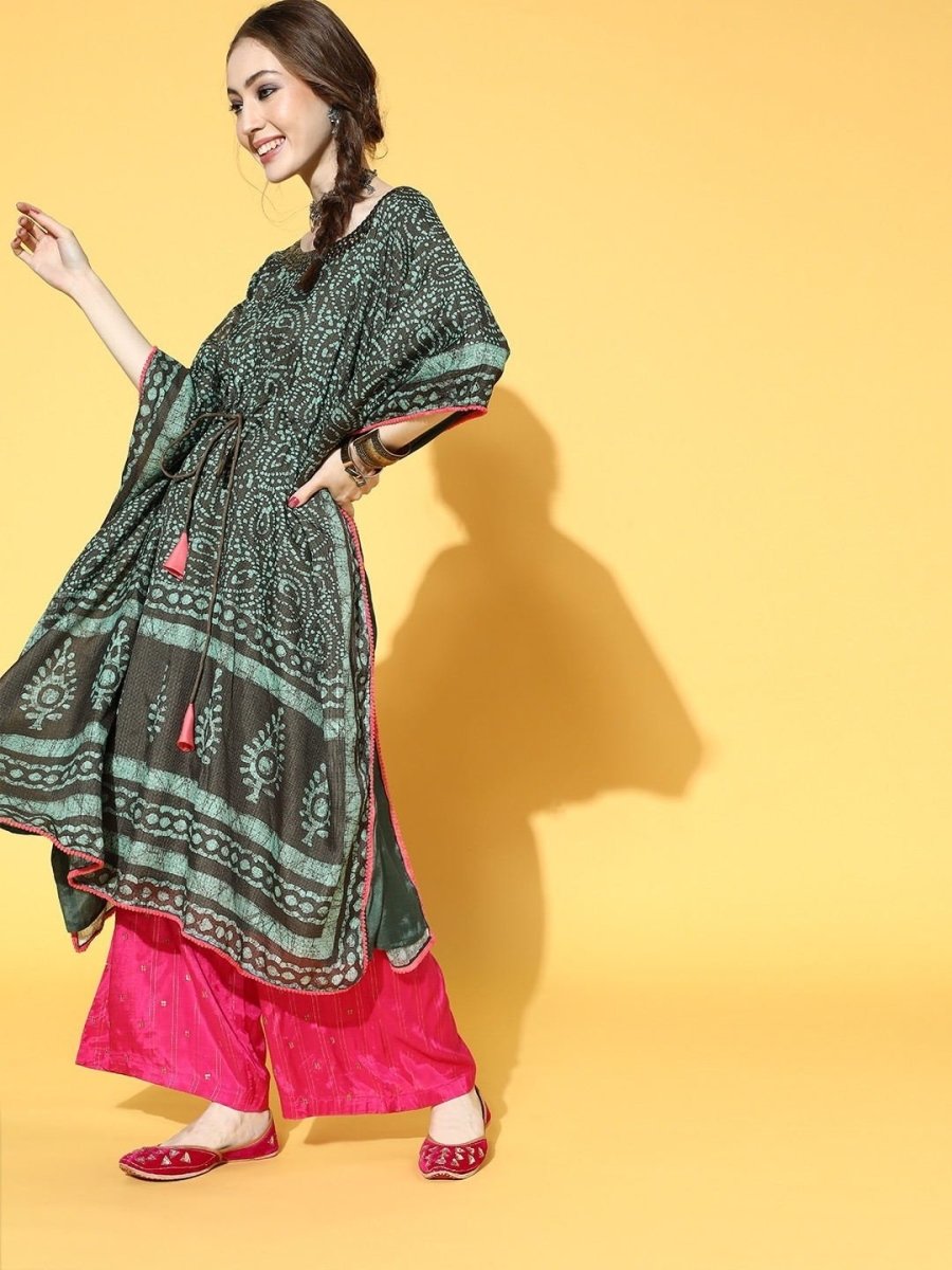 Green and Brown Printed Kaftan Kurta - inddus-us