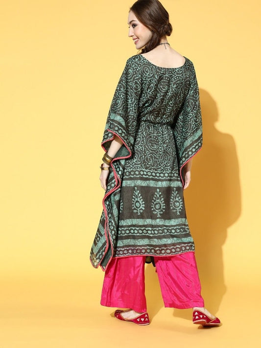 Green and Brown Printed Kaftan Kurta - inddus-us