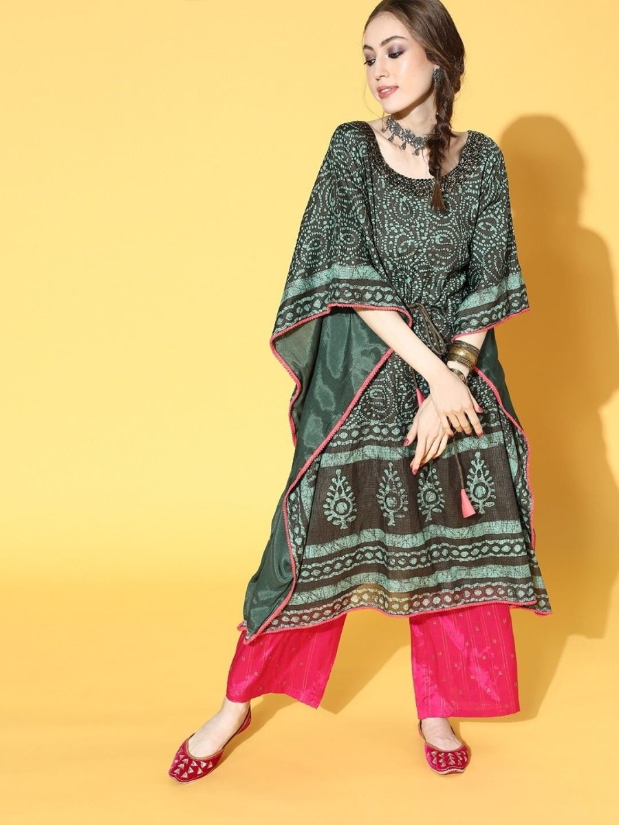 Green and Brown Printed Kaftan Kurta - inddus-us