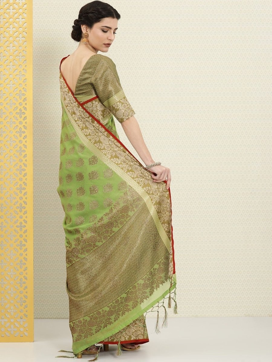 Green and Gold Ethnic Motifs Zari Woven Saree - Inddus.com