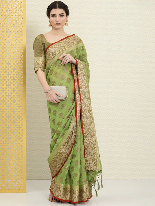 Green and Gold Ethnic Motifs Zari Woven Saree - Inddus.com