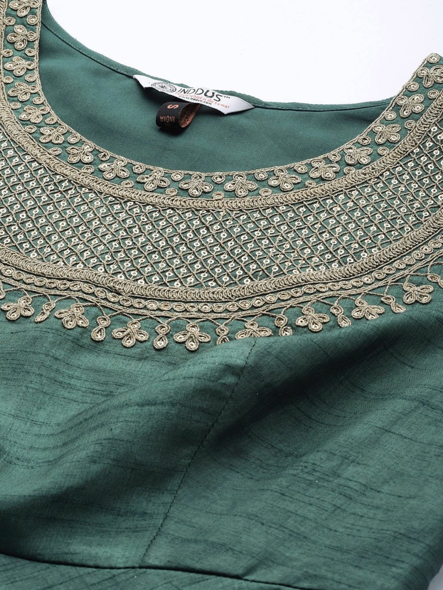 Green and Golden Embroidered Anarkali Kurta with Dupatta - Inddus.com