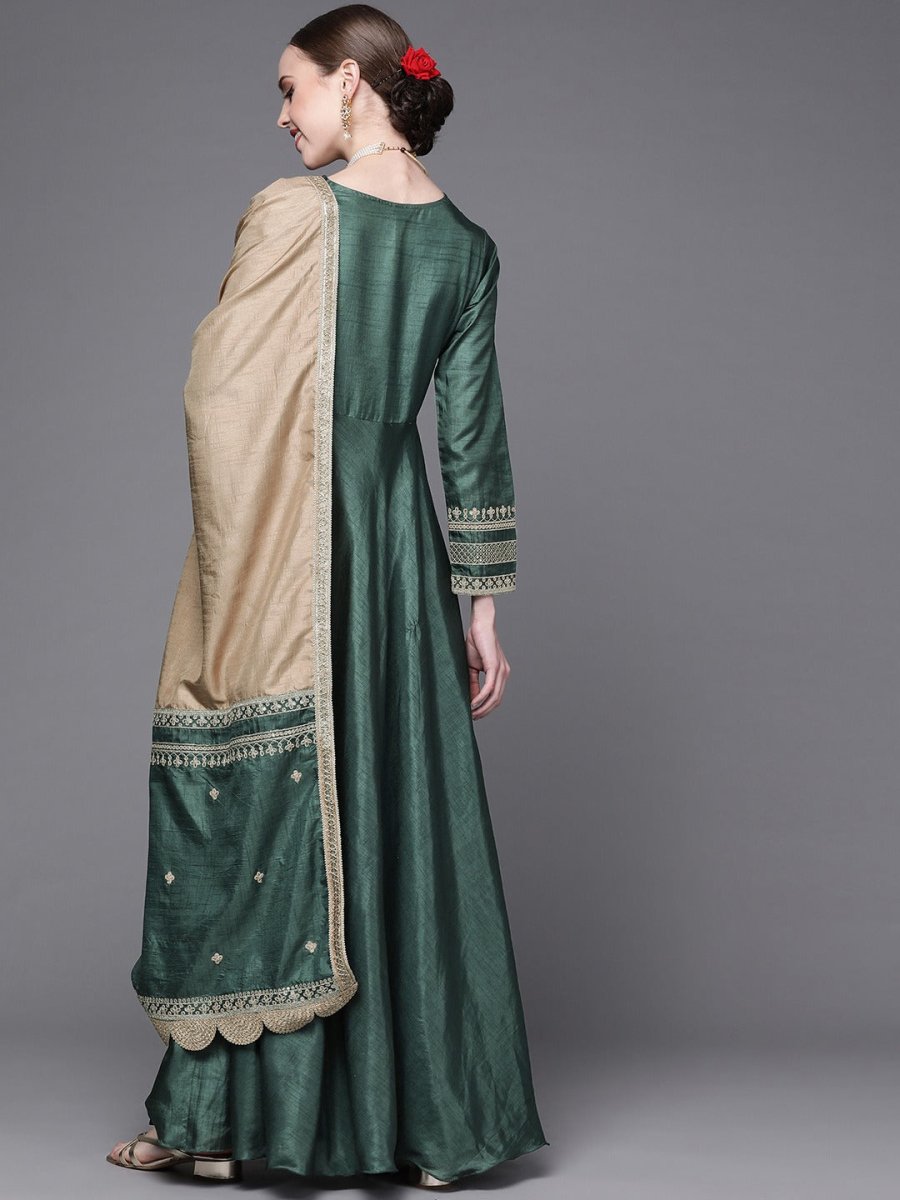 Green and Golden Embroidered Anarkali Kurta with Dupatta - Inddus.com