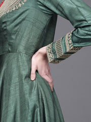 Green and Golden Embroidered Anarkali Kurta with Dupatta - Inddus.com