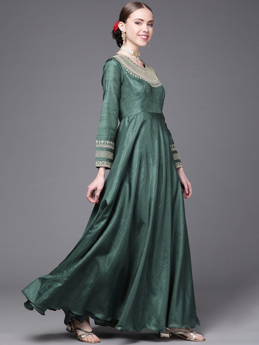 Green and Golden Embroidered Anarkali Kurta with Dupatta - Inddus.com