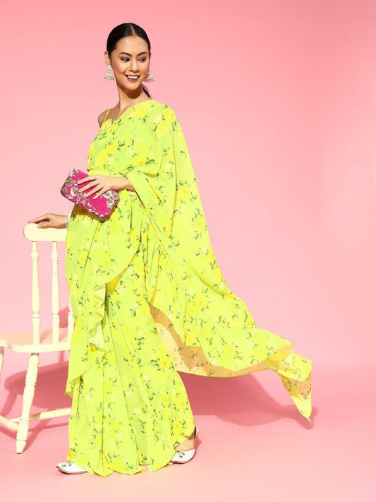 Green and Yellow Printed and Ruffled Saree - inddus-us