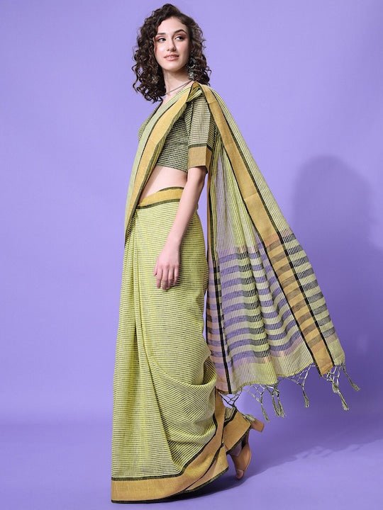 Green & Black Striped Saree - Inddus.com