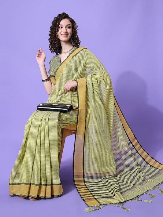 Green & Black Striped Saree - Inddus.com