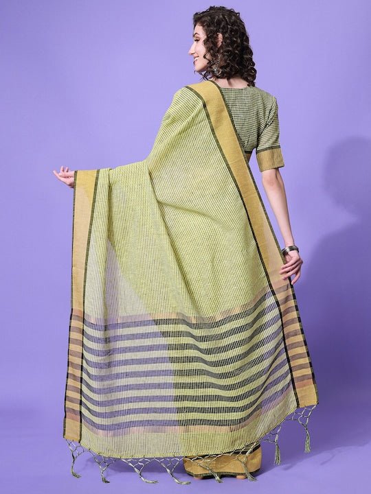 Green & Black Striped Saree - Inddus.com