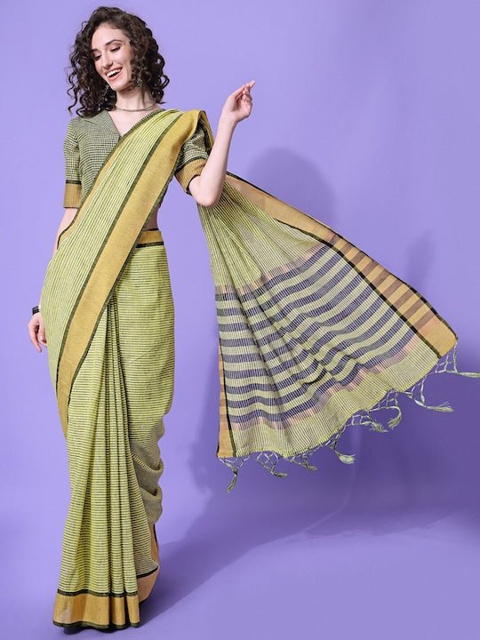 Green & Black Striped Saree - Inddus.com