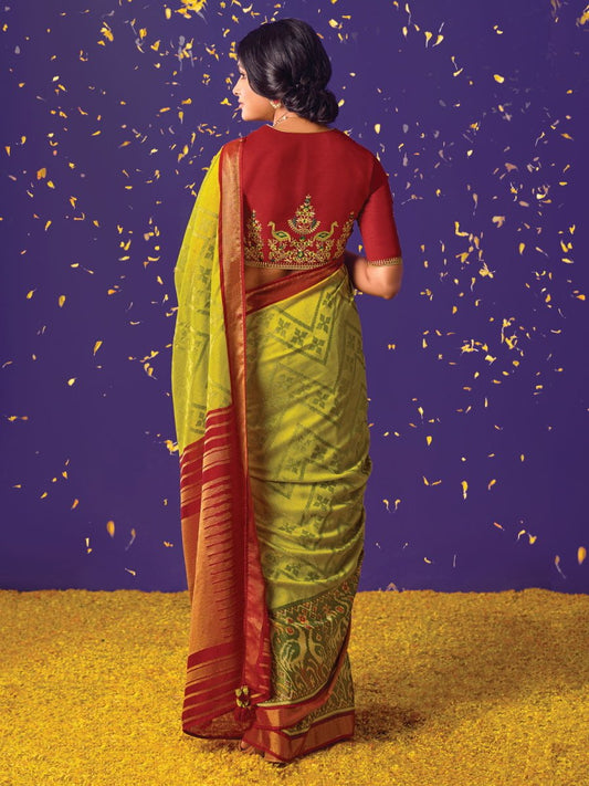 Green Brasso Embroidered Saree - Inddus.com