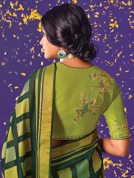 Green Brasso Embroidered Saree - Inddus.com