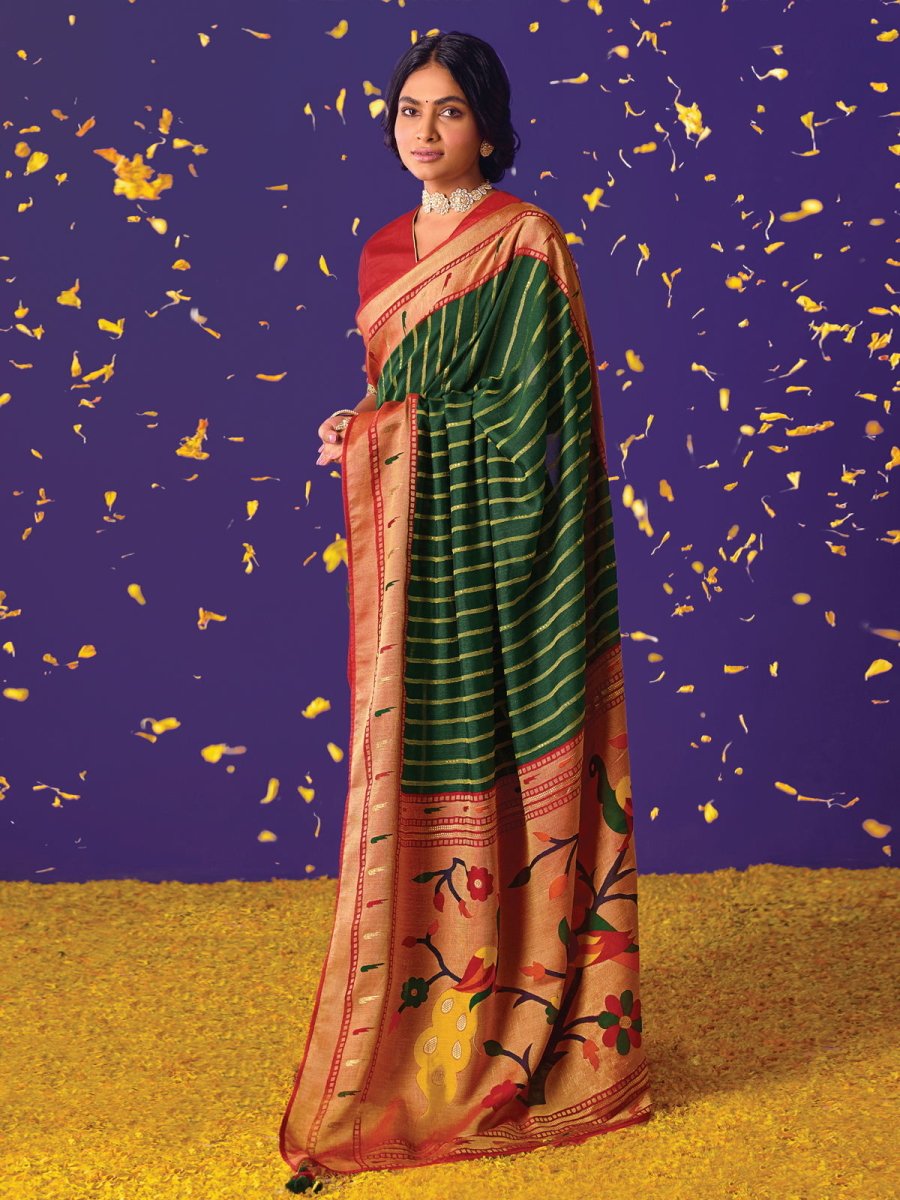 Green Brasso Embroidered Saree - Inddus.com