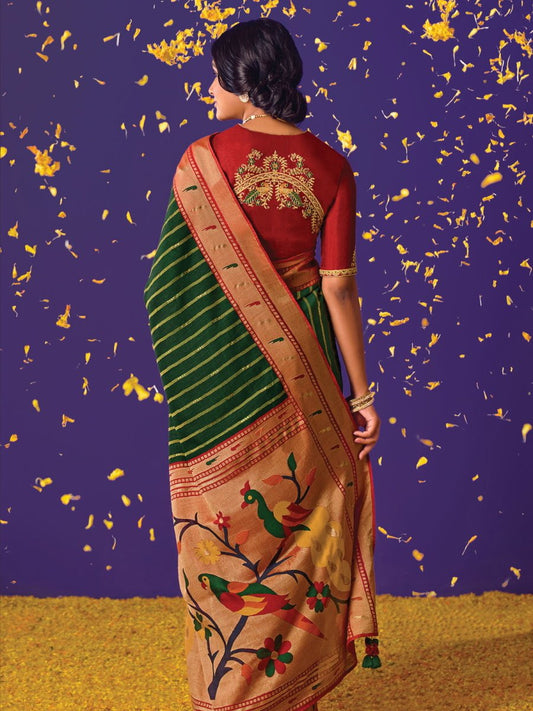 Green Brasso Embroidered Saree - Inddus.com