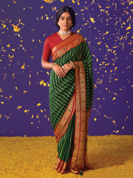 Green Brasso Embroidered Saree - Inddus.com