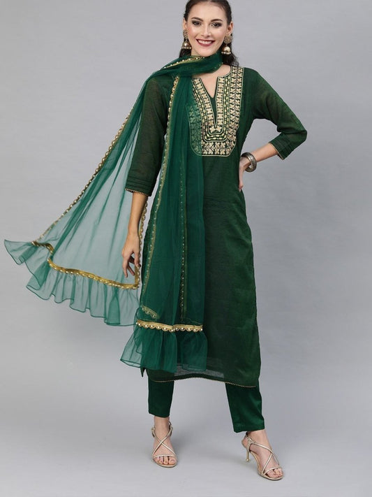 Green Chanderi Cotton Embroidered Kurta Pant Dupatta Set - Inddus.com