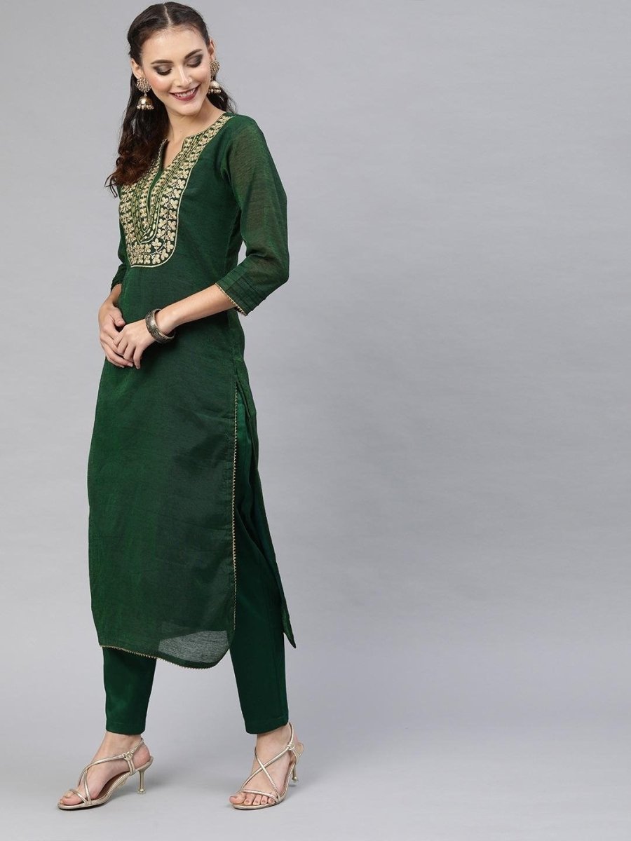 Green Chanderi Cotton Embroidered Kurta Pant Dupatta Set - Inddus.com