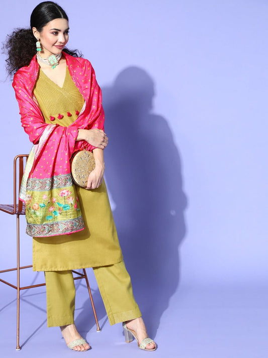 Green Cotton Blend Tasselled Kurta Set - Inddus.com