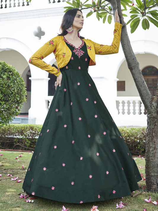 Green Cotton Partywear Gown - Inddus.com