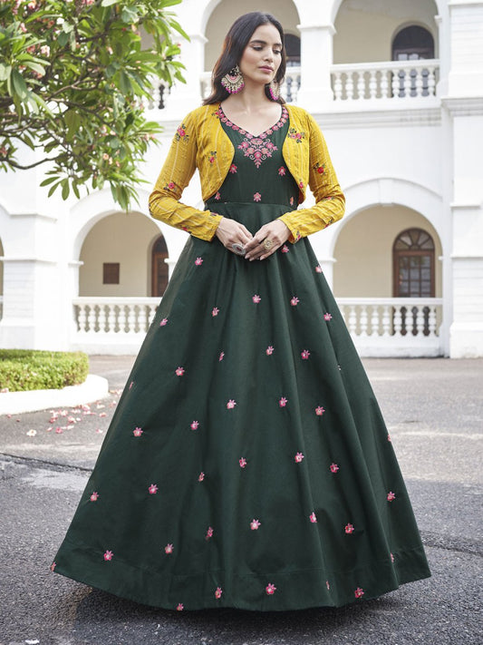 Green Cotton Partywear Gown - Inddus.com