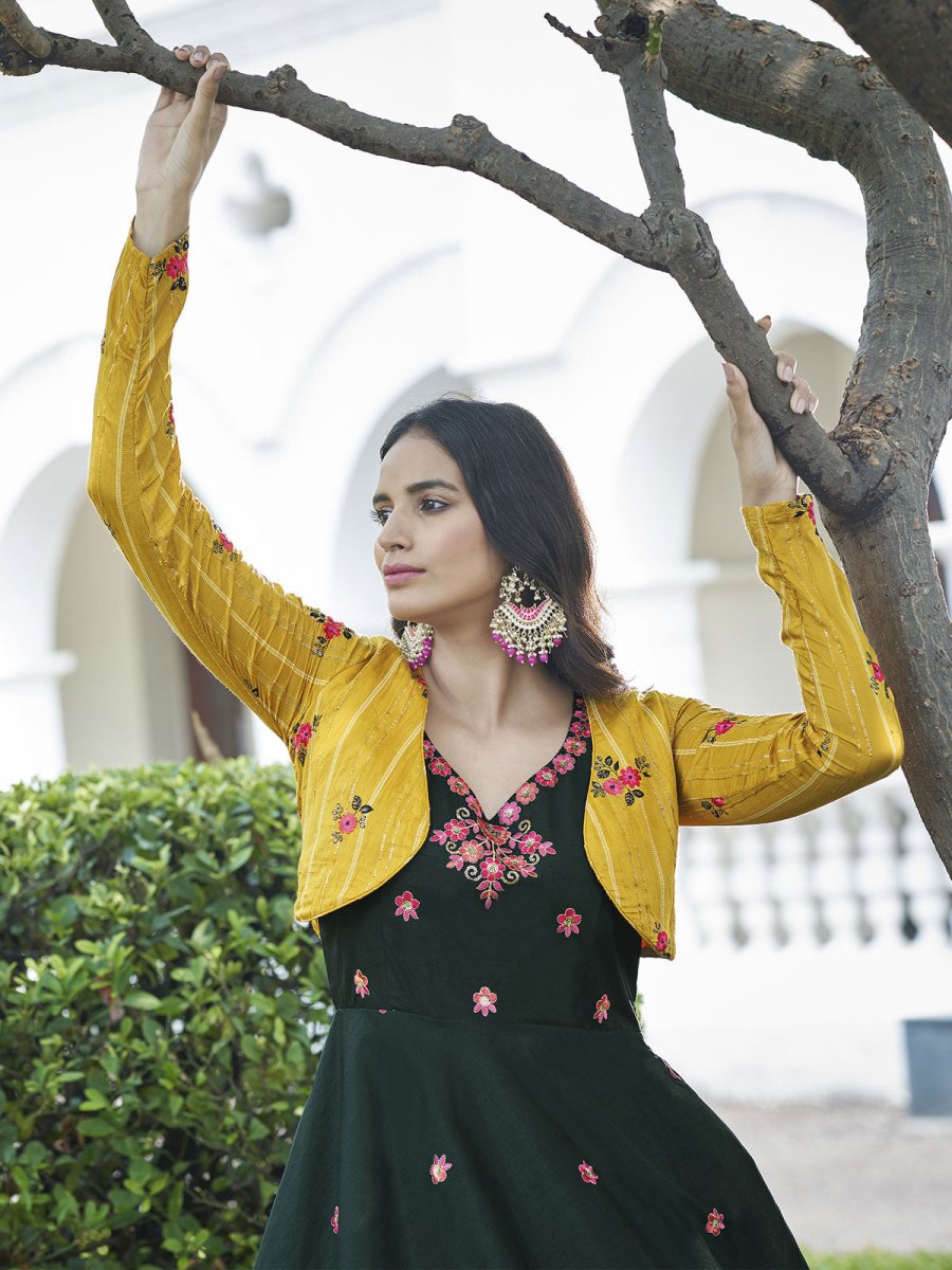 Green Cotton Partywear Gown - Inddus.com