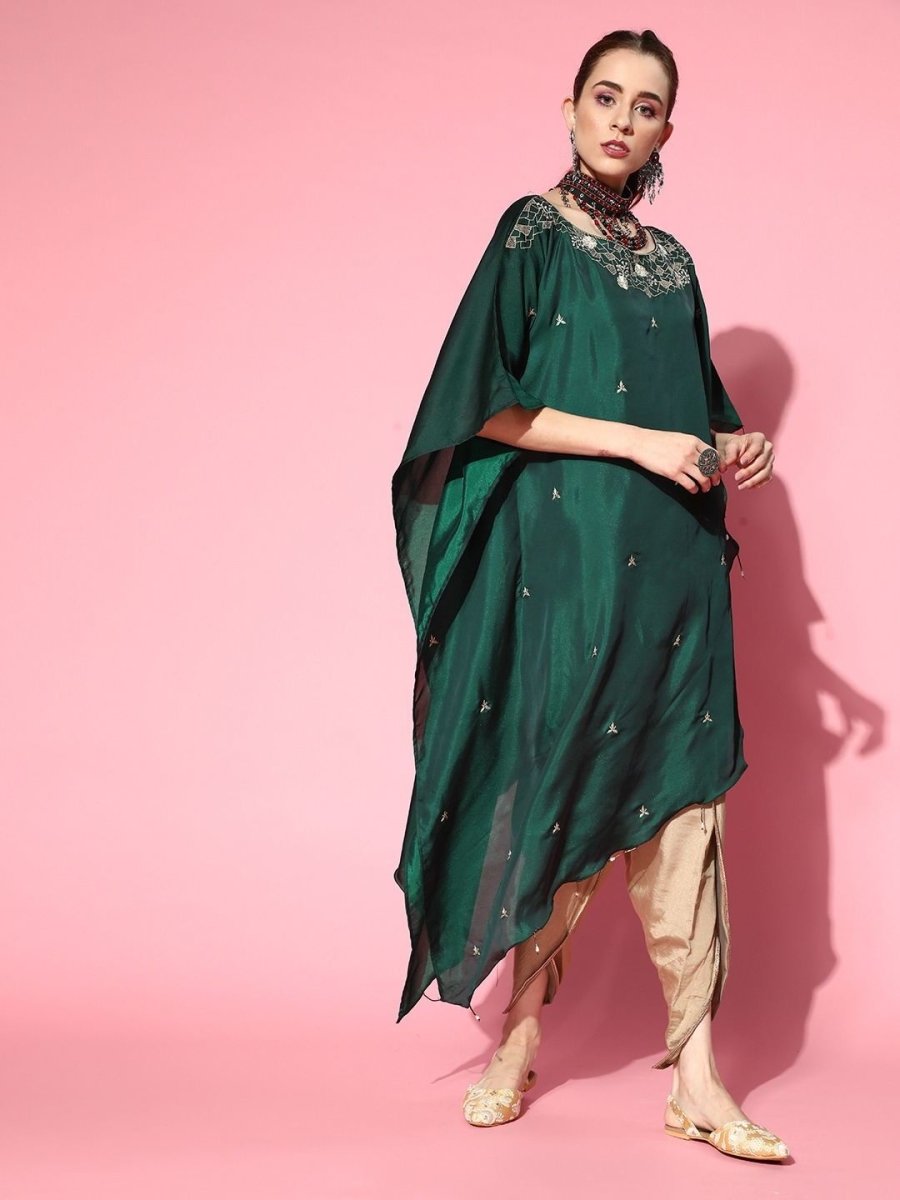 Green Dual Tone Floral Embroidered Kaftan Kurta with Dhoti Pants - Inddus.com