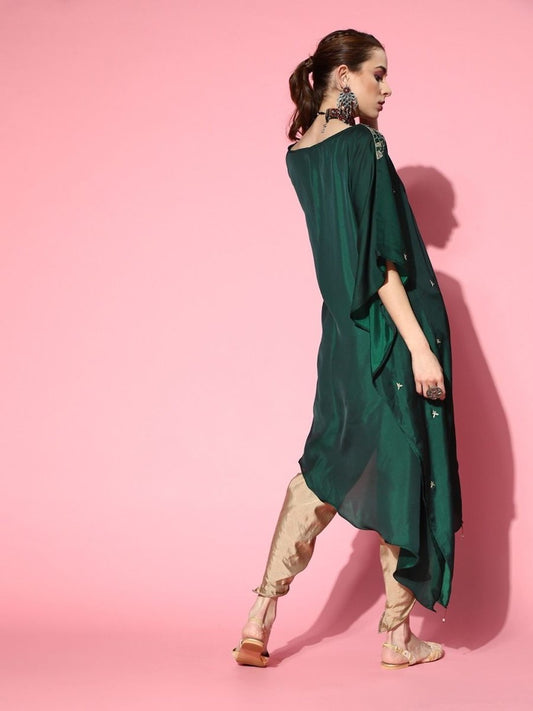 Green Dual Tone Floral Embroidered Kaftan Kurta with Dhoti Pants - Inddus.com