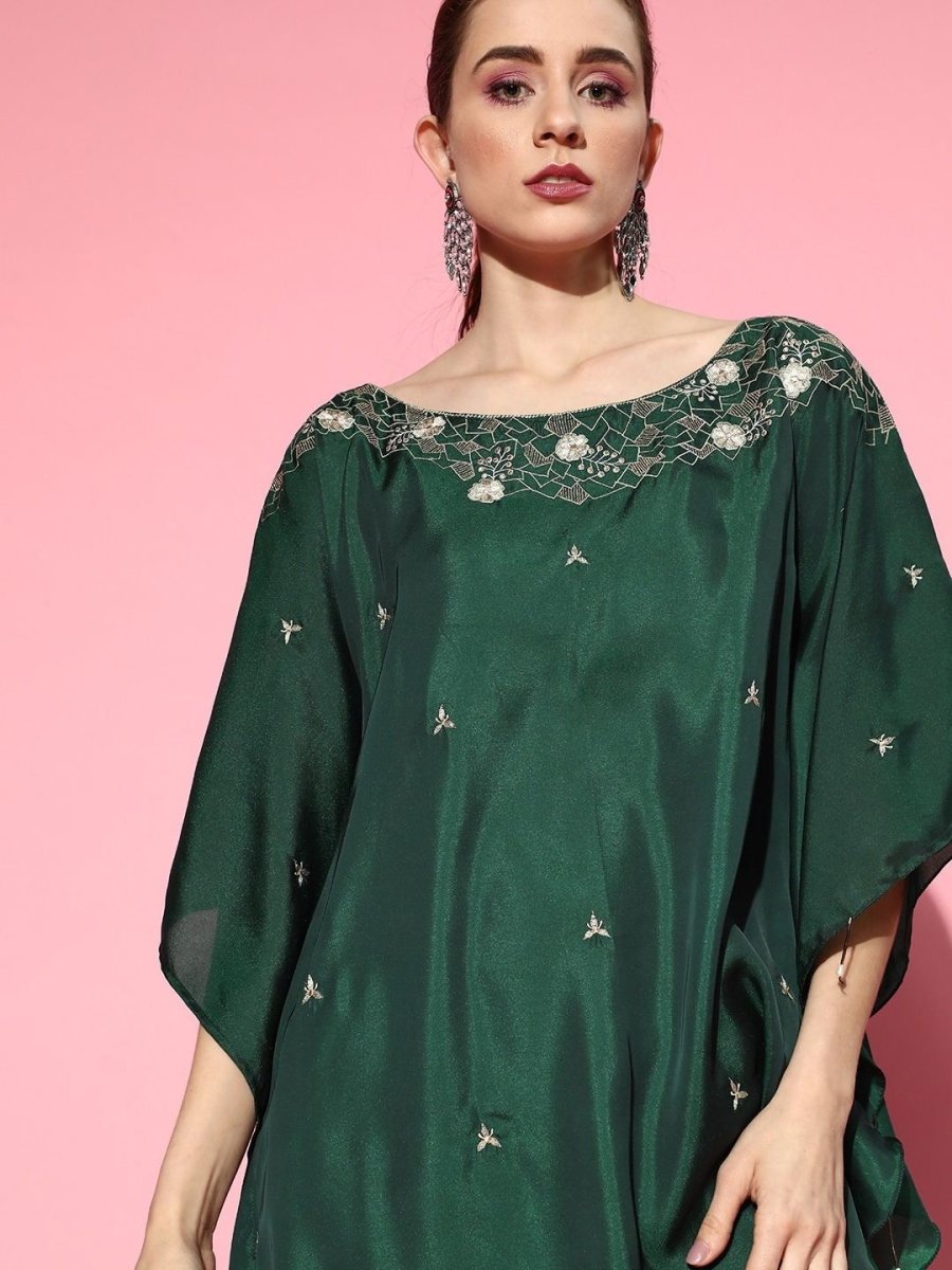 Green Dual Tone Floral Embroidered Kaftan Kurta with Dhoti Pants - Inddus.com