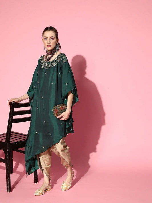 Green Dual Tone Floral Embroidered Kaftan Kurta with Dhoti Pants - Inddus.com