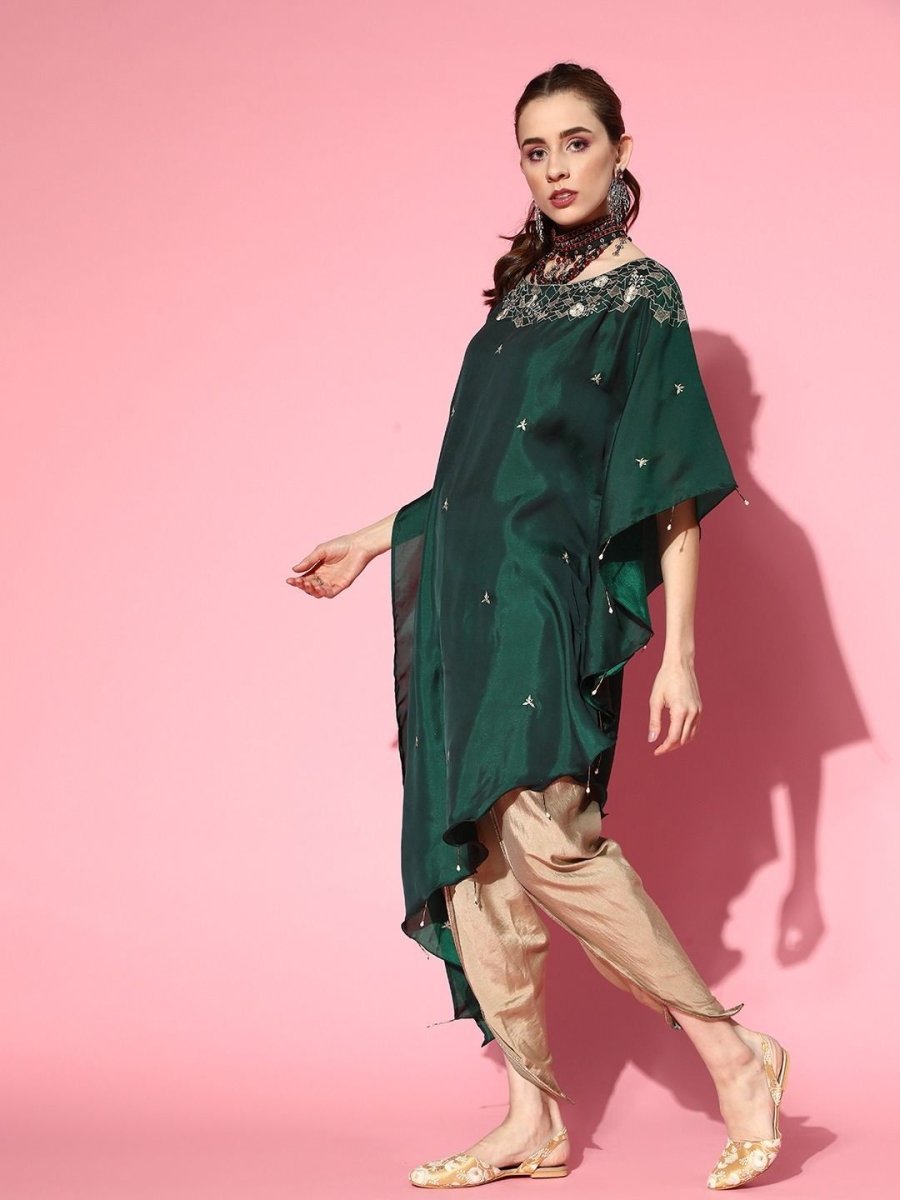 Green Dual Tone Floral Embroidered Kaftan Kurta with Dhoti Pants - Inddus.com