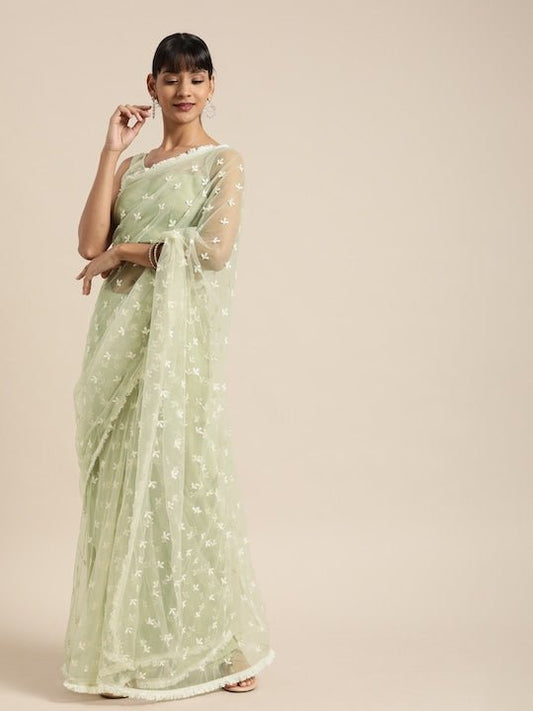 Green Embellished Net Saree