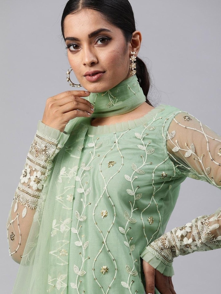 green Embroidered Kurta Set with Dupatta - Inddus.com