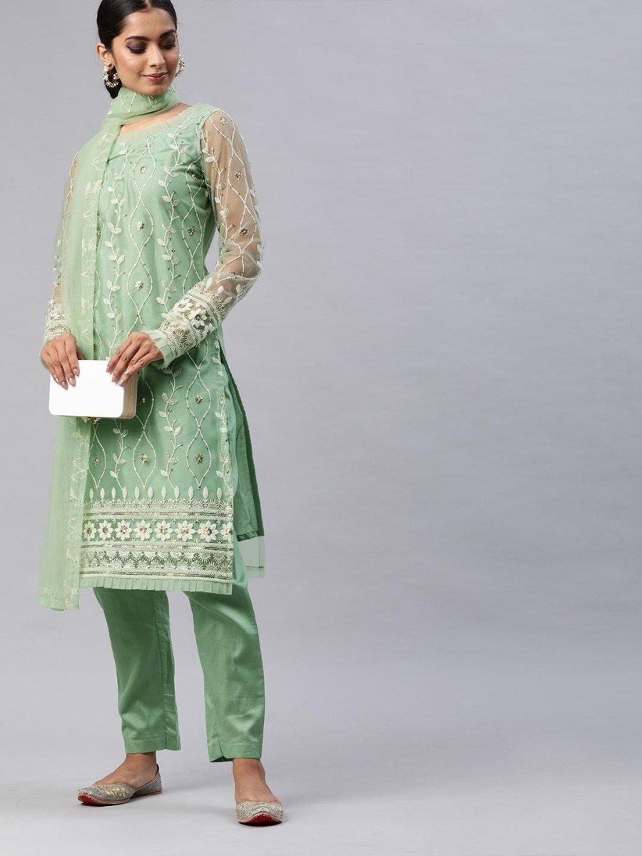 green Embroidered Kurta Set with Dupatta - Inddus.com