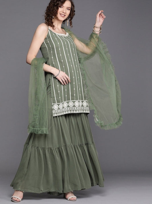 Green Embroidered Kurta with Tierred Sharara - Inddus.com