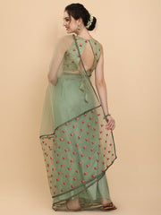 Green Embroidered Net Saree - Inddus.com