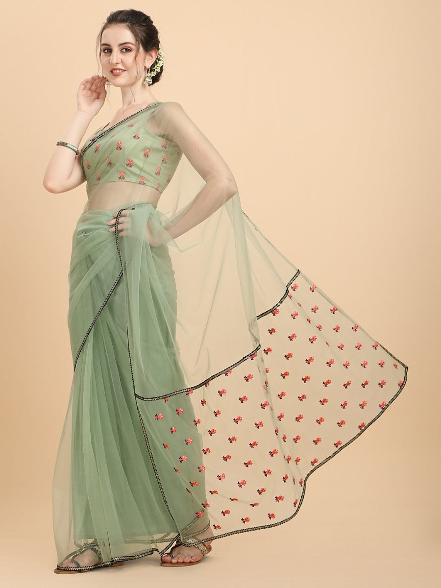 Green Embroidered Net Saree - Inddus.com