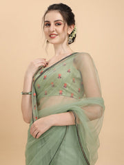 Green Embroidered Net Saree - Inddus.com