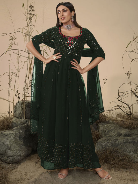 Green Embroidered Partywear Palazzo Suit - Inddus.com