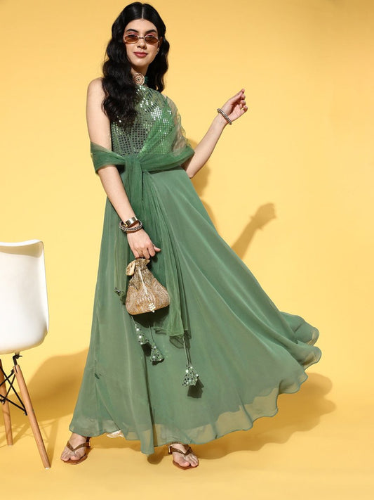 Green Embroidered Sequins Georgette Kurta with Net Dupatta - Inddus.com