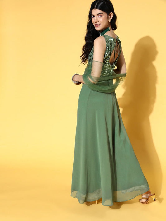 Green Embroidered Sequins Georgette Kurta with Net Dupatta - Inddus.com