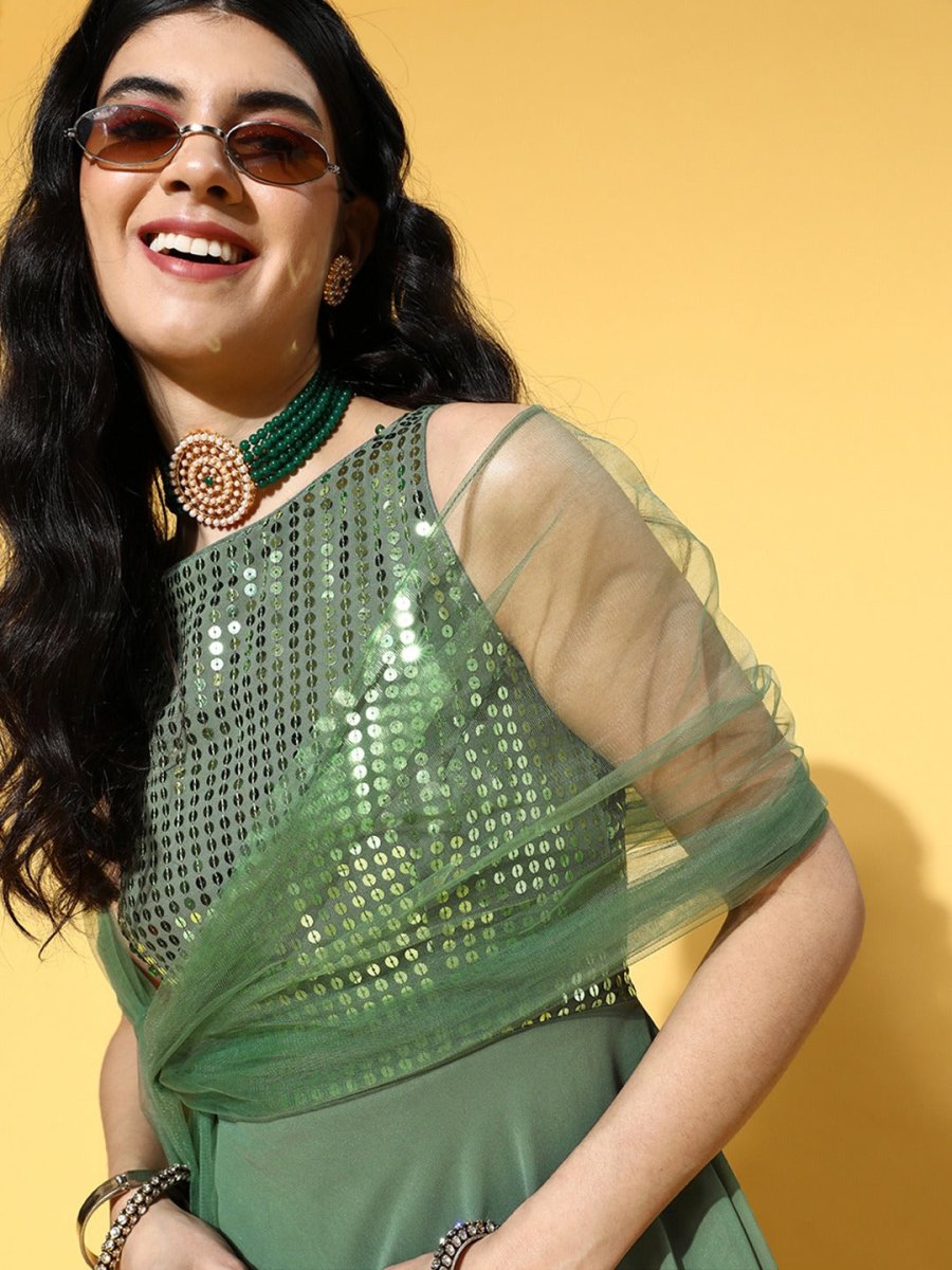 Green Embroidered Sequins Georgette Kurta with Net Dupatta - Inddus.com