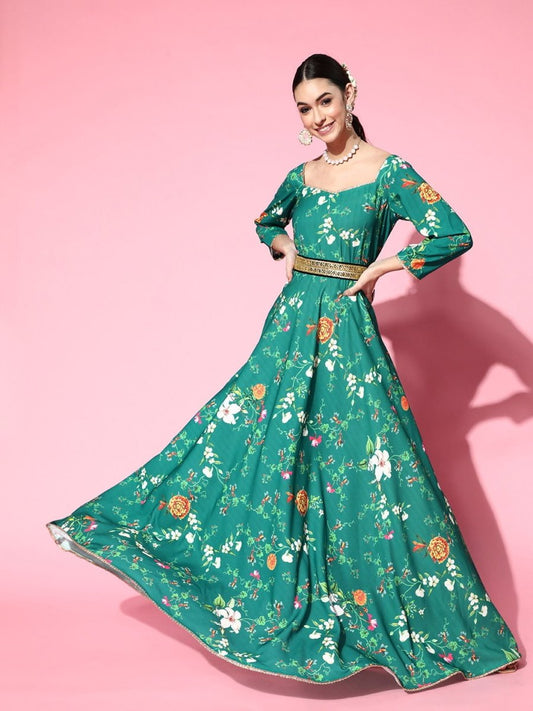 Green Floral Digital Print Gown with Belt - Inddus.com