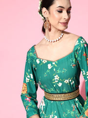 Green Floral Digital Print Gown with Belt - Inddus.com